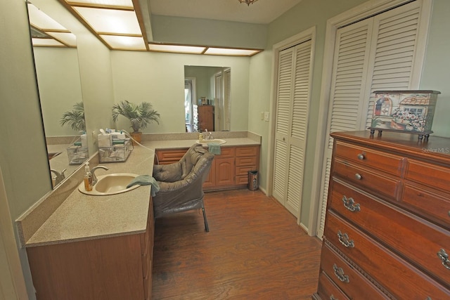 bathroom with hardwood / wood-style floors and vanity