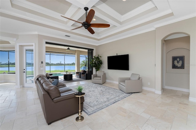 living room featuring crown molding, beamed ceiling, coffered ceiling, and ceiling fan