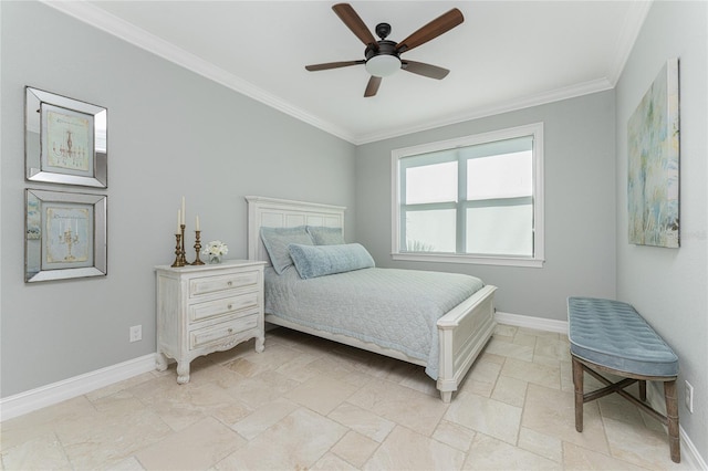 bedroom with ornamental molding and ceiling fan