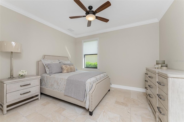 bedroom with ceiling fan and crown molding