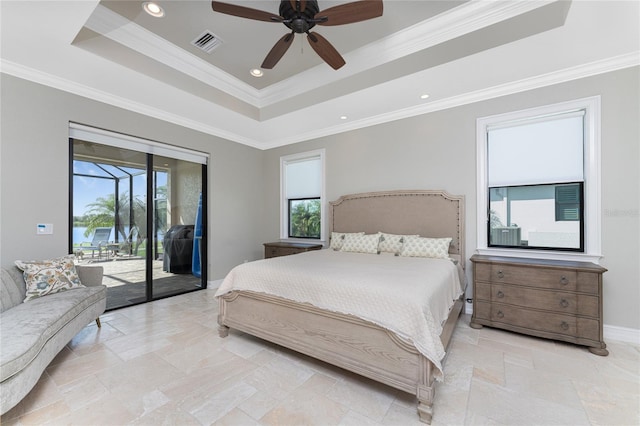 bedroom featuring multiple windows, access to outside, ceiling fan, and crown molding