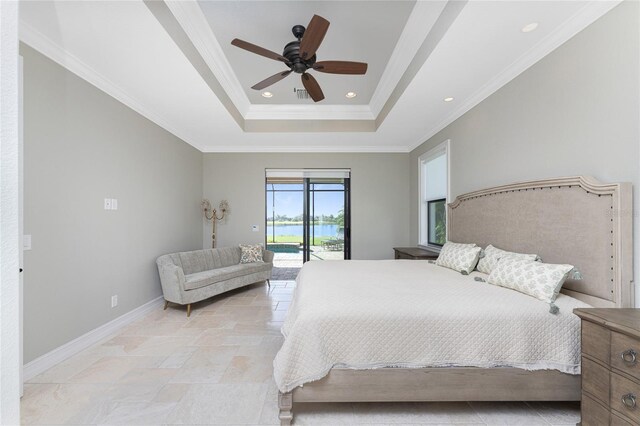 bedroom with ceiling fan, ornamental molding, a raised ceiling, and access to exterior