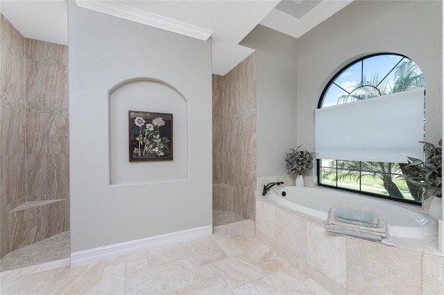 bathroom featuring crown molding, separate shower and tub, and plenty of natural light