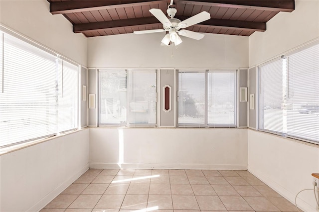 unfurnished sunroom featuring ceiling fan, wooden ceiling, and vaulted ceiling with beams