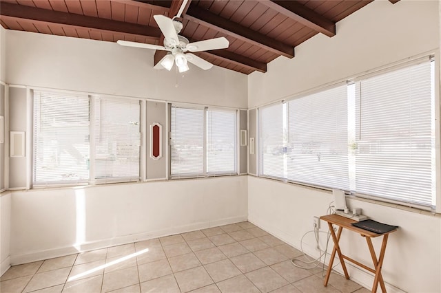 unfurnished sunroom with wood ceiling, vaulted ceiling with beams, and ceiling fan