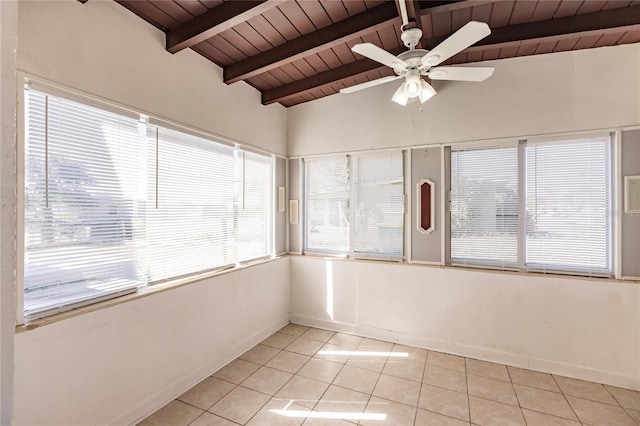 unfurnished sunroom with lofted ceiling with beams, wood ceiling, and ceiling fan