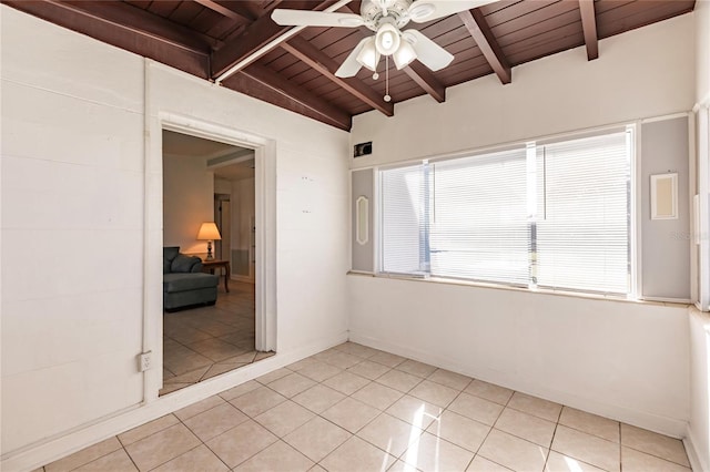 unfurnished room with lofted ceiling with beams, wooden ceiling, ceiling fan, and light tile patterned floors