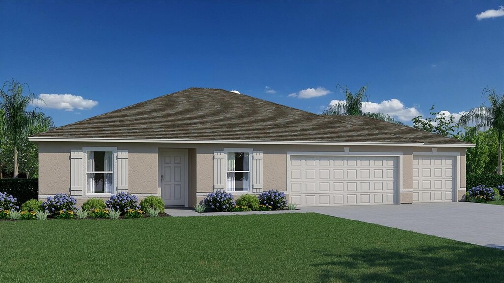3088 Larissa St, Port Charlotte, FL 33948 - view of front of house with driveway, an attached garage, a front lawn, and stucco siding