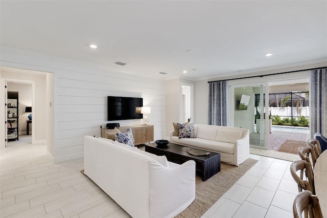 living room featuring ornamental molding