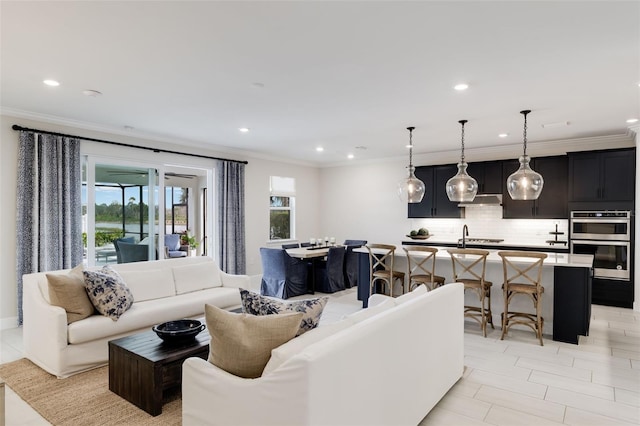 living room with crown molding