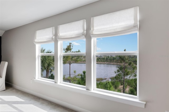 interior space featuring a water view and carpet