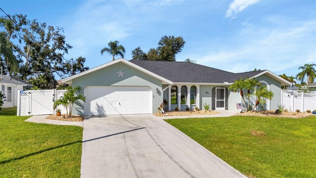 single story home with a front yard and a garage