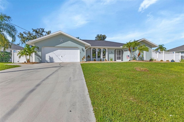 single story home featuring a garage and a front yard