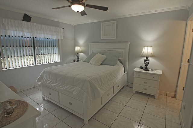 tiled bedroom with crown molding and ceiling fan