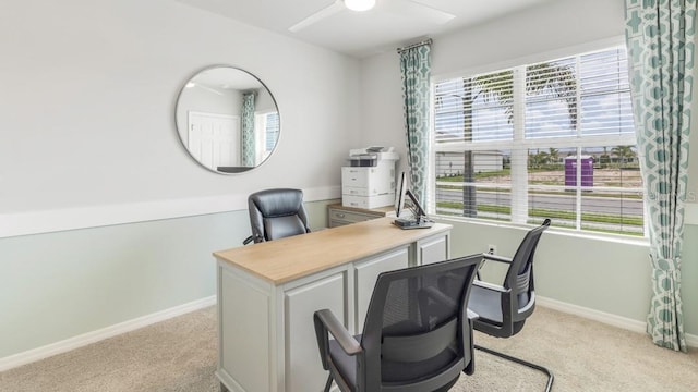 office featuring a wealth of natural light, light colored carpet, and ceiling fan