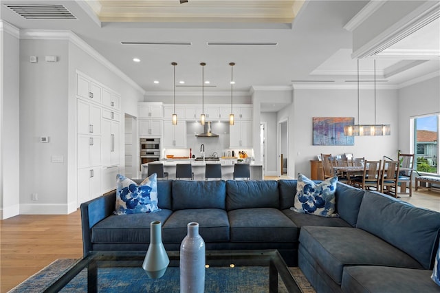 living room with ornamental molding, light wood-type flooring, a tray ceiling, and sink