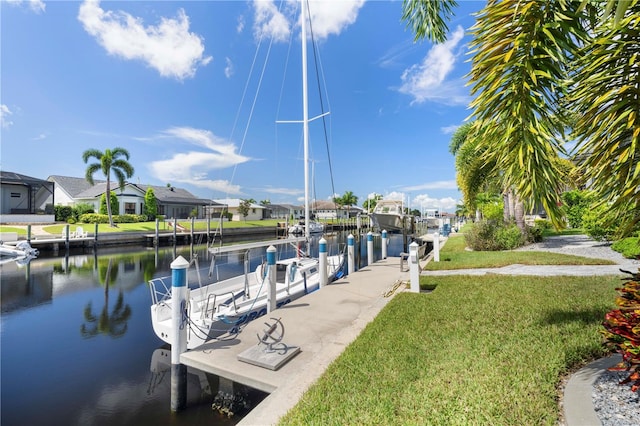 dock area featuring a water view and a yard