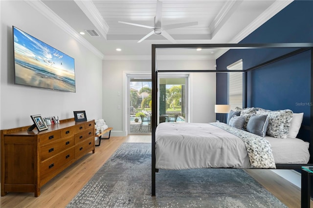 bedroom with hardwood / wood-style floors, ceiling fan, access to exterior, and crown molding