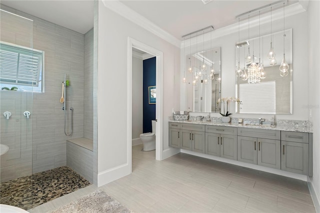 bathroom featuring ornamental molding, vanity, toilet, and a tile shower