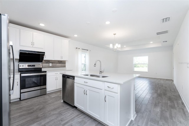 kitchen with white cabinetry, sink, an island with sink, and appliances with stainless steel finishes