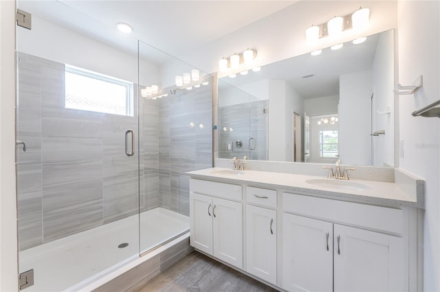 bathroom with vanity, wood-type flooring, and a shower with door