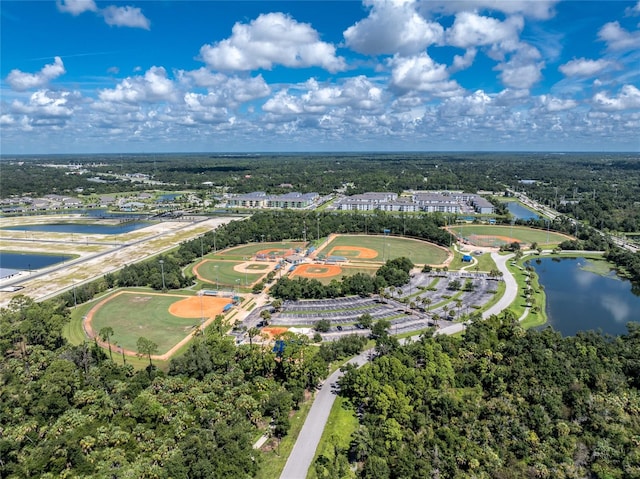 aerial view featuring a water view