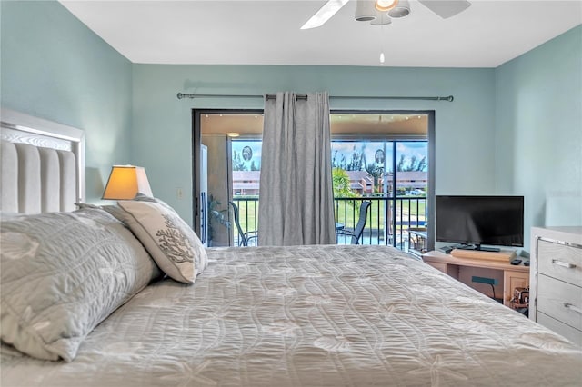 bedroom featuring access to outside and ceiling fan