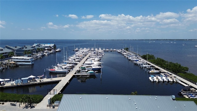 birds eye view of property featuring a water view