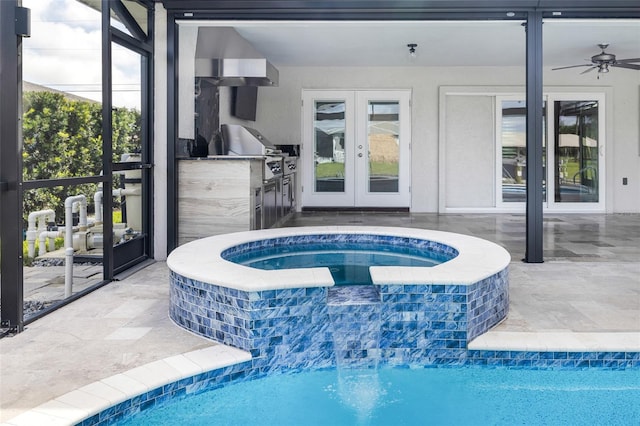 view of pool featuring area for grilling, ceiling fan, an in ground hot tub, and french doors