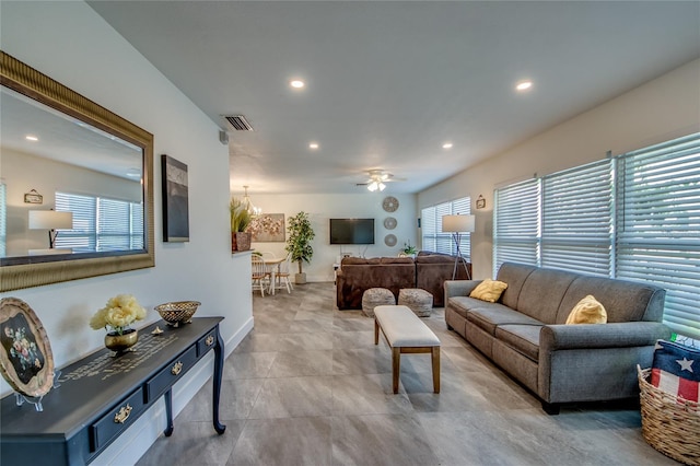 living room with ceiling fan