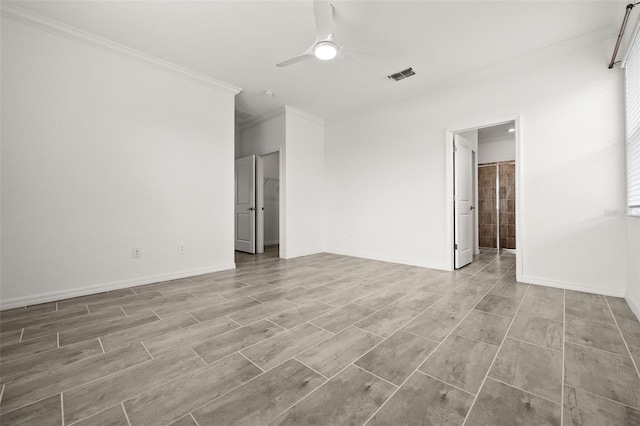 empty room with ceiling fan, light hardwood / wood-style floors, and ornamental molding