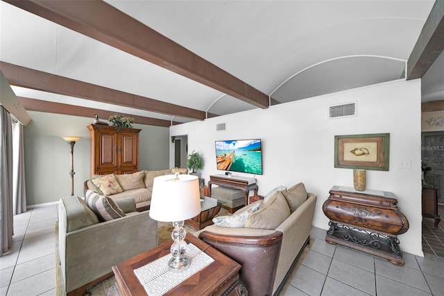 living room featuring light tile patterned floors and lofted ceiling with beams