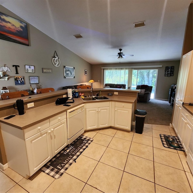 kitchen featuring dishwasher, light colored carpet, white cabinetry, sink, and ceiling fan