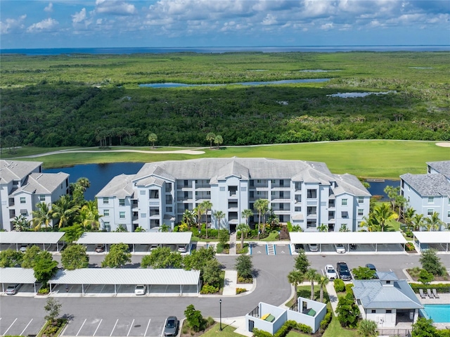 bird's eye view with a water view