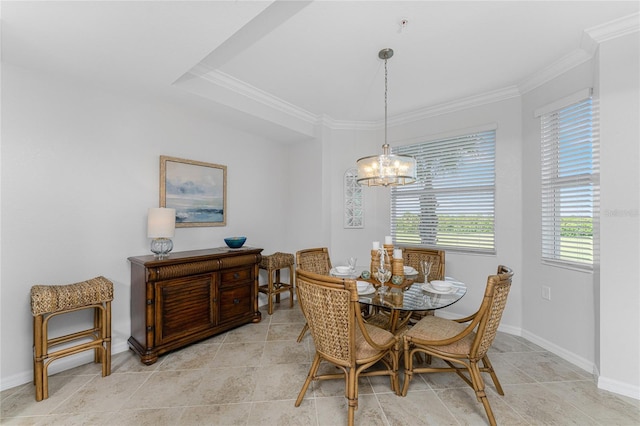 dining area featuring light tile patterned floors, an inviting chandelier, and ornamental molding