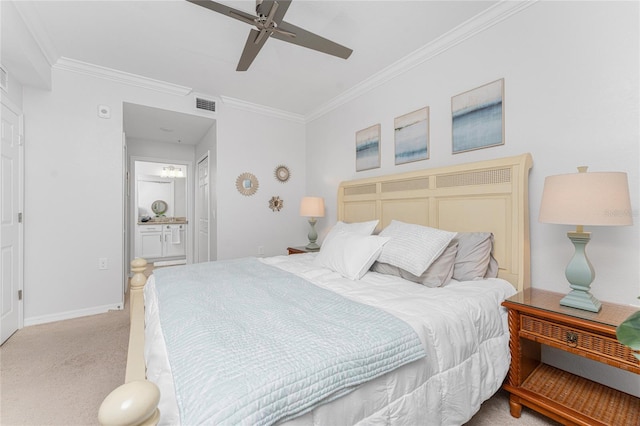 bedroom with crown molding, light colored carpet, and ceiling fan