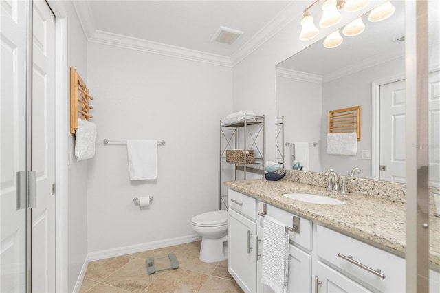 bathroom featuring crown molding, vanity, toilet, and tile patterned flooring