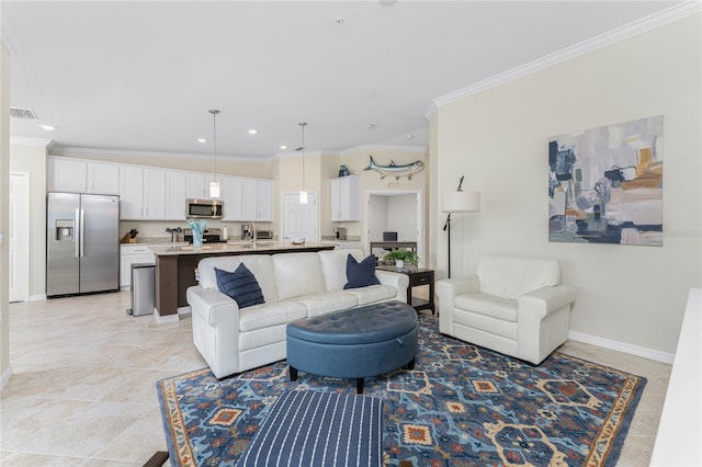 living room featuring crown molding and light tile patterned floors