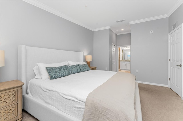 bedroom with light carpet, ensuite bathroom, and ornamental molding