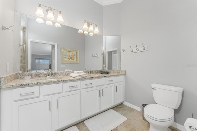 bathroom featuring walk in shower, tile patterned flooring, vanity, and toilet