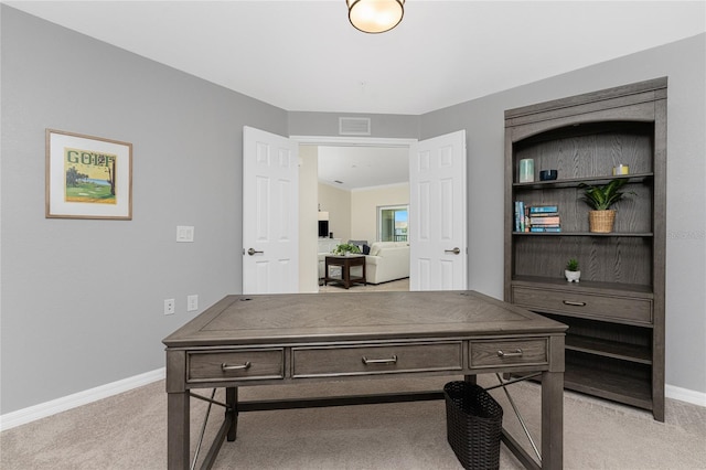 home office with light colored carpet