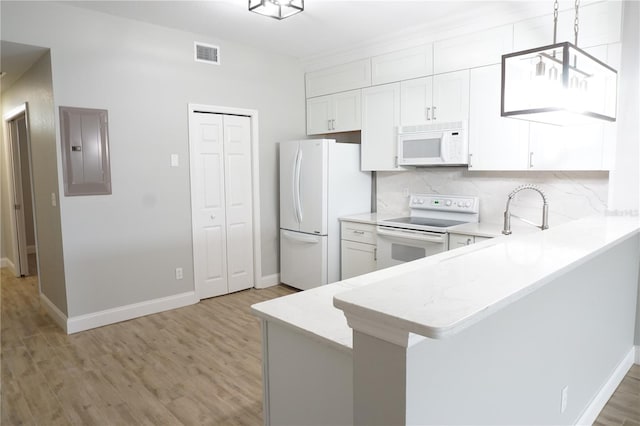 kitchen with white appliances, kitchen peninsula, electric panel, light wood-type flooring, and white cabinets