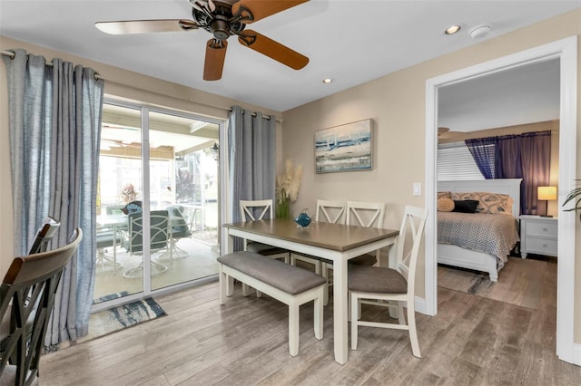 dining space featuring wood-type flooring and ceiling fan