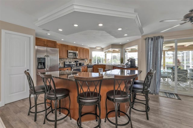 kitchen with appliances with stainless steel finishes, ceiling fan, light hardwood / wood-style floors, and sink