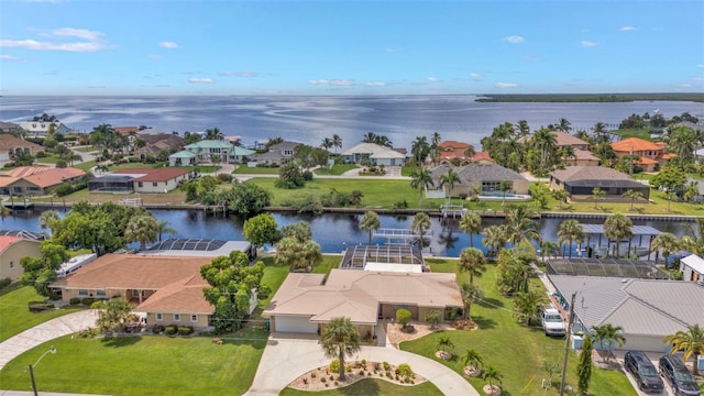 aerial view featuring a water view