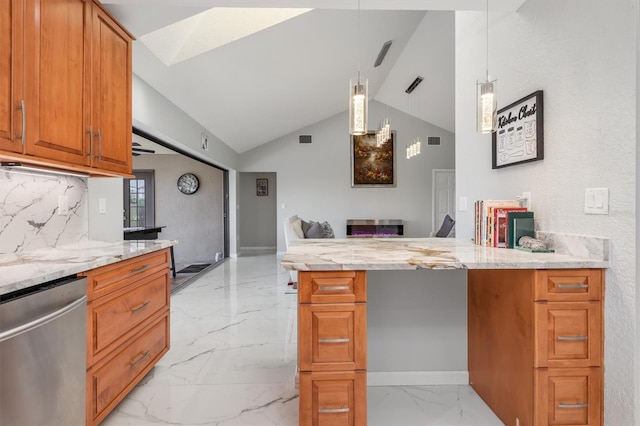 kitchen with kitchen peninsula, light stone countertops, hanging light fixtures, and stainless steel dishwasher