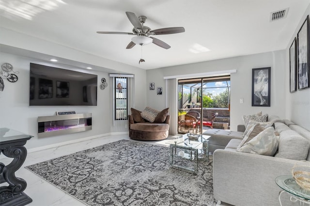 living room with ceiling fan