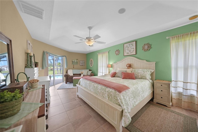 bedroom with visible vents, ceiling fan, light tile patterned floors, and access to outside