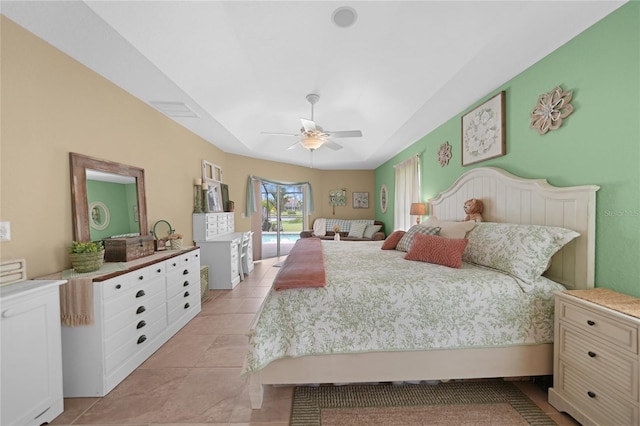 bedroom with light tile patterned floors, visible vents, access to outside, and a ceiling fan