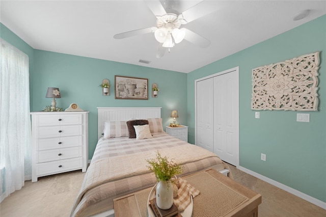 bedroom with a closet, baseboards, visible vents, and a ceiling fan